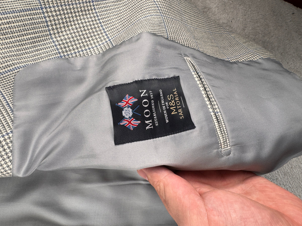 M&S Sartorial Mens Blazer 48R Grey Prince of Wales Check Tailored Suit Jacket