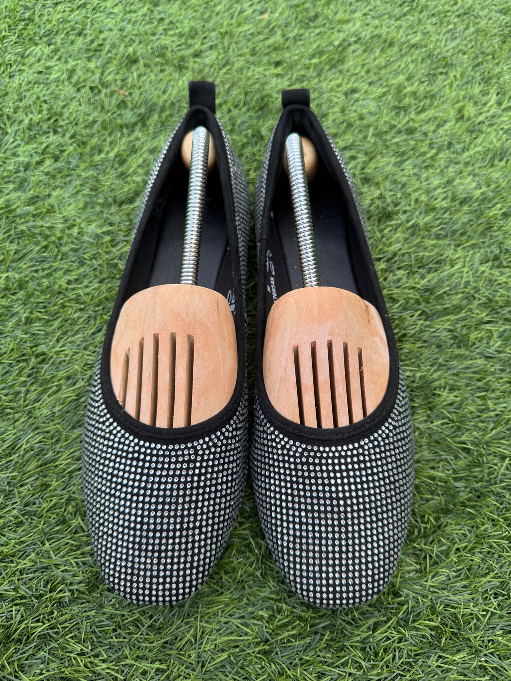 M&S Womens Black Silver Diamante Ballet Pumps Shoes Insolia Flex UK 8 Flats