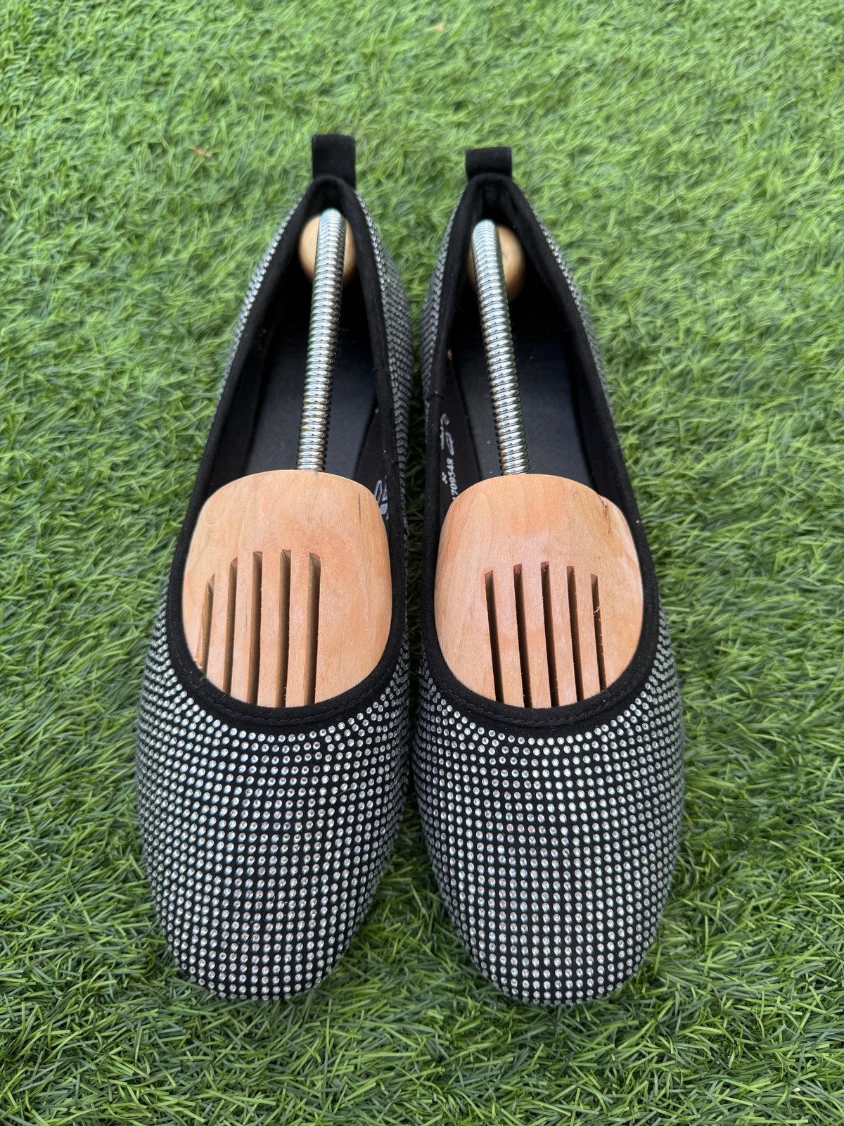 M&S Womens Black Silver Diamante Ballet Pumps Shoes Insolia Flex UK 8 Flats