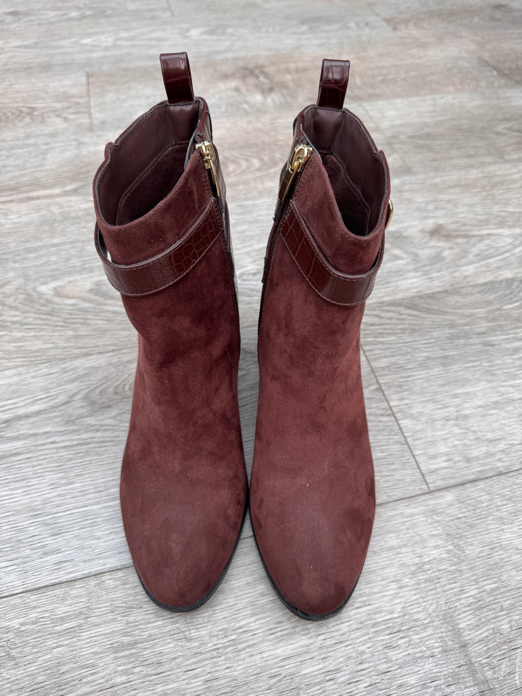 M&S Womens Ankle Boots UK 6.5 Burgundy Suede Effect Block Heel Buckle Zip