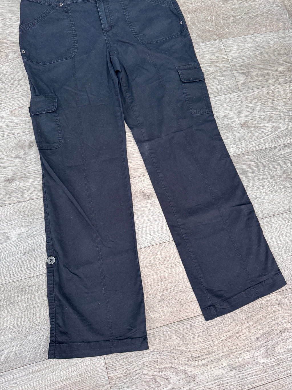 St John’s Bay Womens Black Cargo Trousers Size 12 Utility Combat Wide Leg W 34