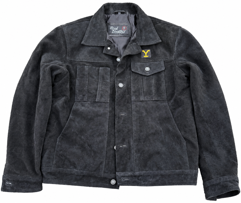Mens Vintage Black Suede Leather Trucker Jacket Western Ranch Y Patch Size Large