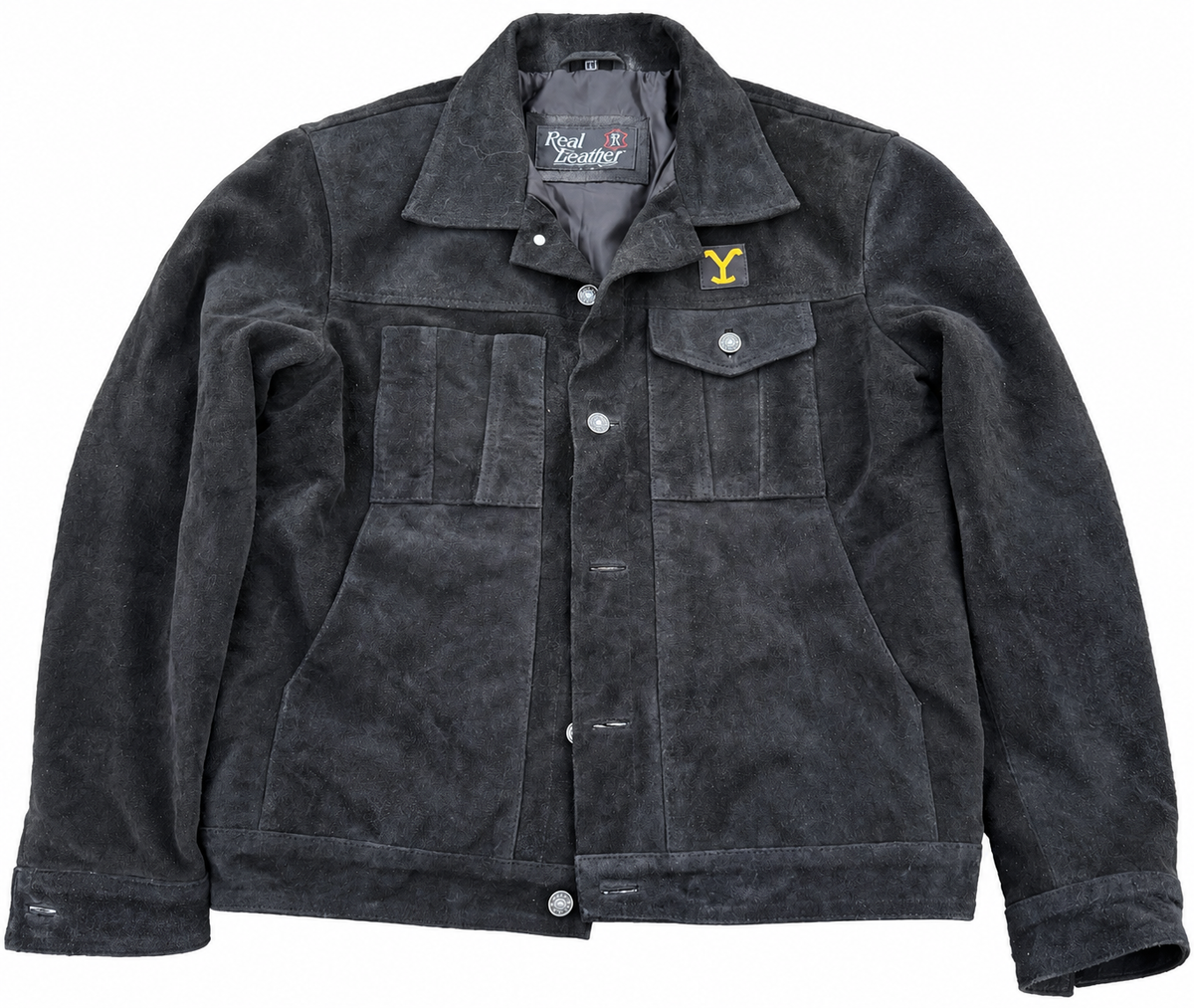 Mens Vintage Black Suede Leather Trucker Jacket Western Ranch Y Patch Size Large