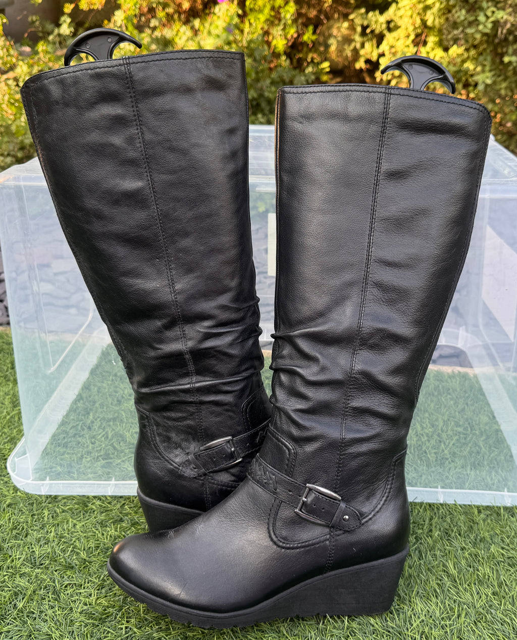 M&S Footglove Womens Black Leather Knee High Boots UK 6 Wedge Buckle