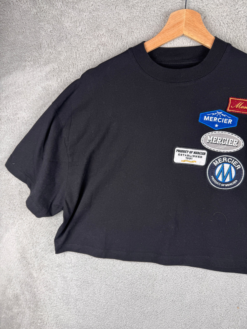 Mercier Womens Medium Cropped T Shirt Black Embroidered Patch Logo