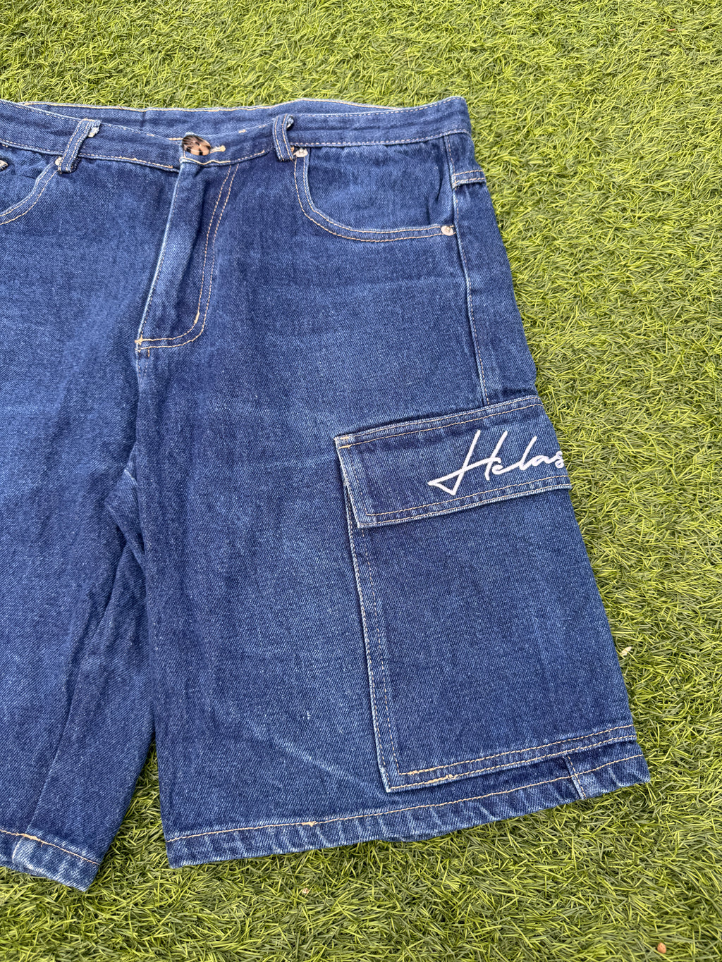 Helas Mens Denim Cargo Jorts Blue Baggy Skate Shorts Y2K Skateboarding W34