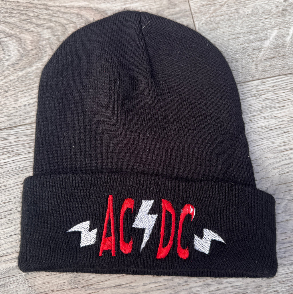 AC/DC Beanie Hat Black Red White Logo Embroidered Rock Band