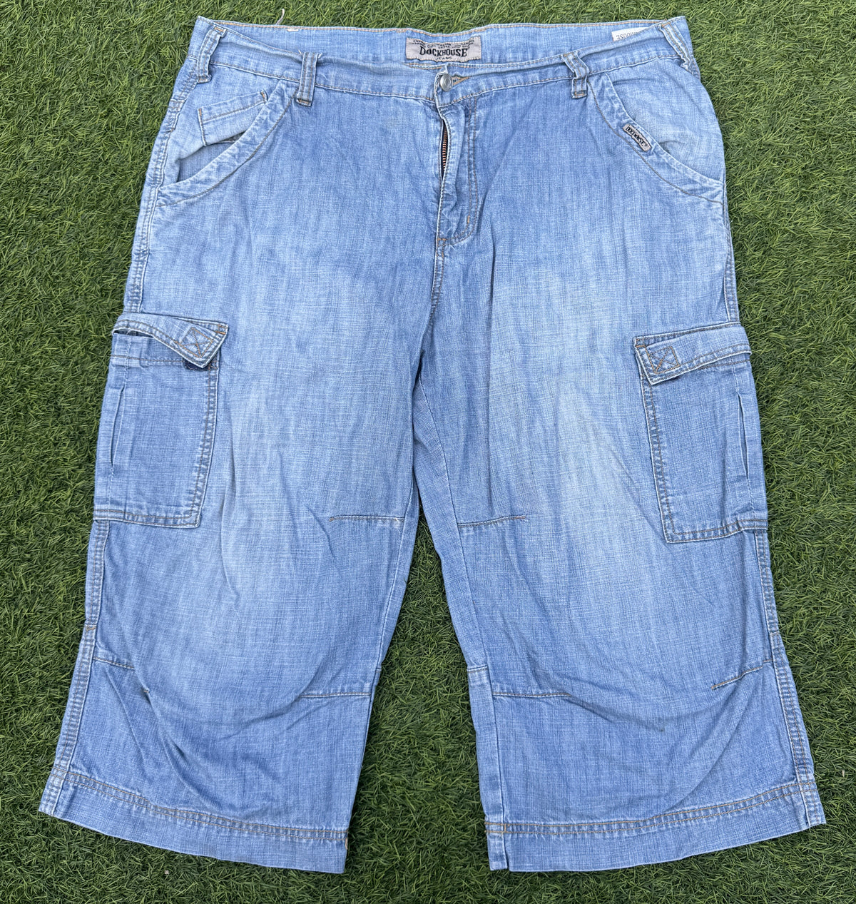 Dockhouse Mens W38 Baggy Denim Jorts Y2K Skater Cargo Long Shorts Light Blue