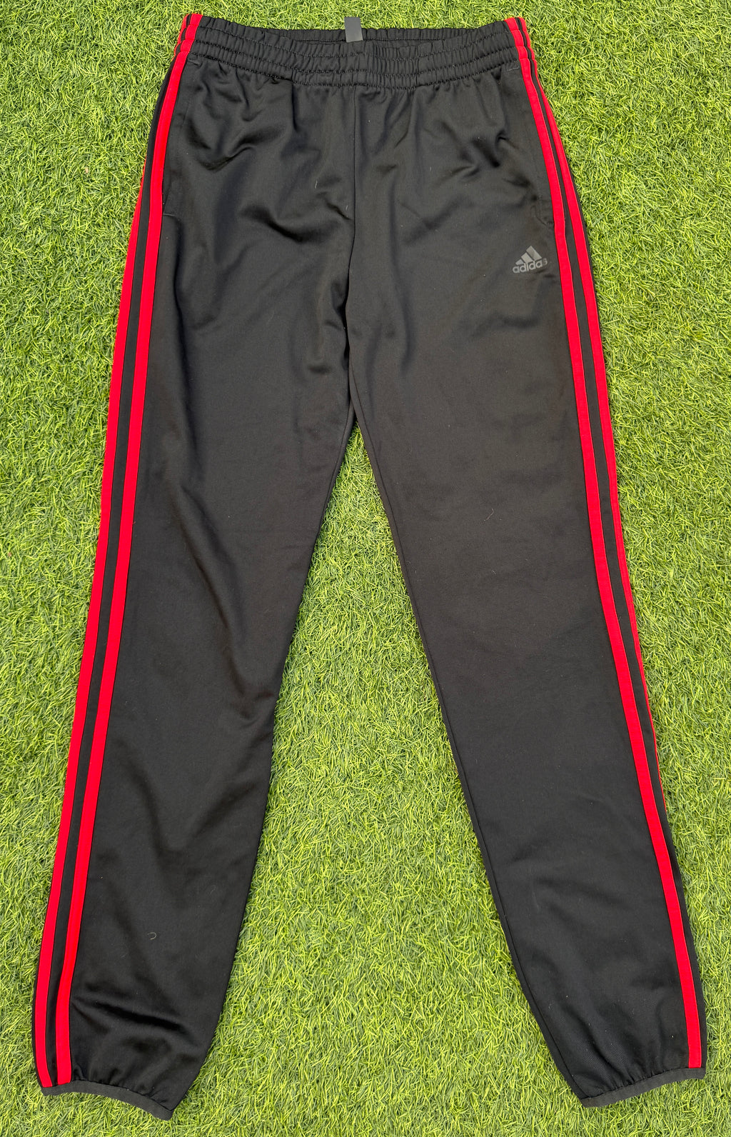 Adidas Boys Tracksuit Bottoms 13-14 Years 164 Black Red 3 Stripe Joggers