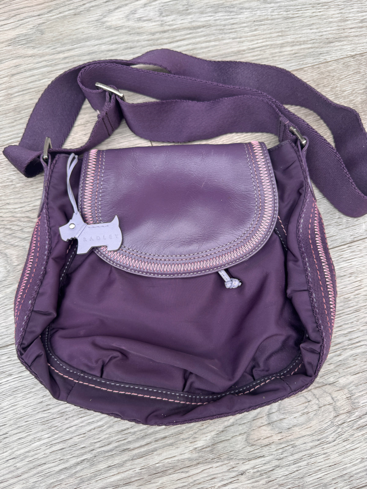 Radley Womens Purple Crossbody Shoulder Bag Nylon Leather Trim Dog Charm Plum
