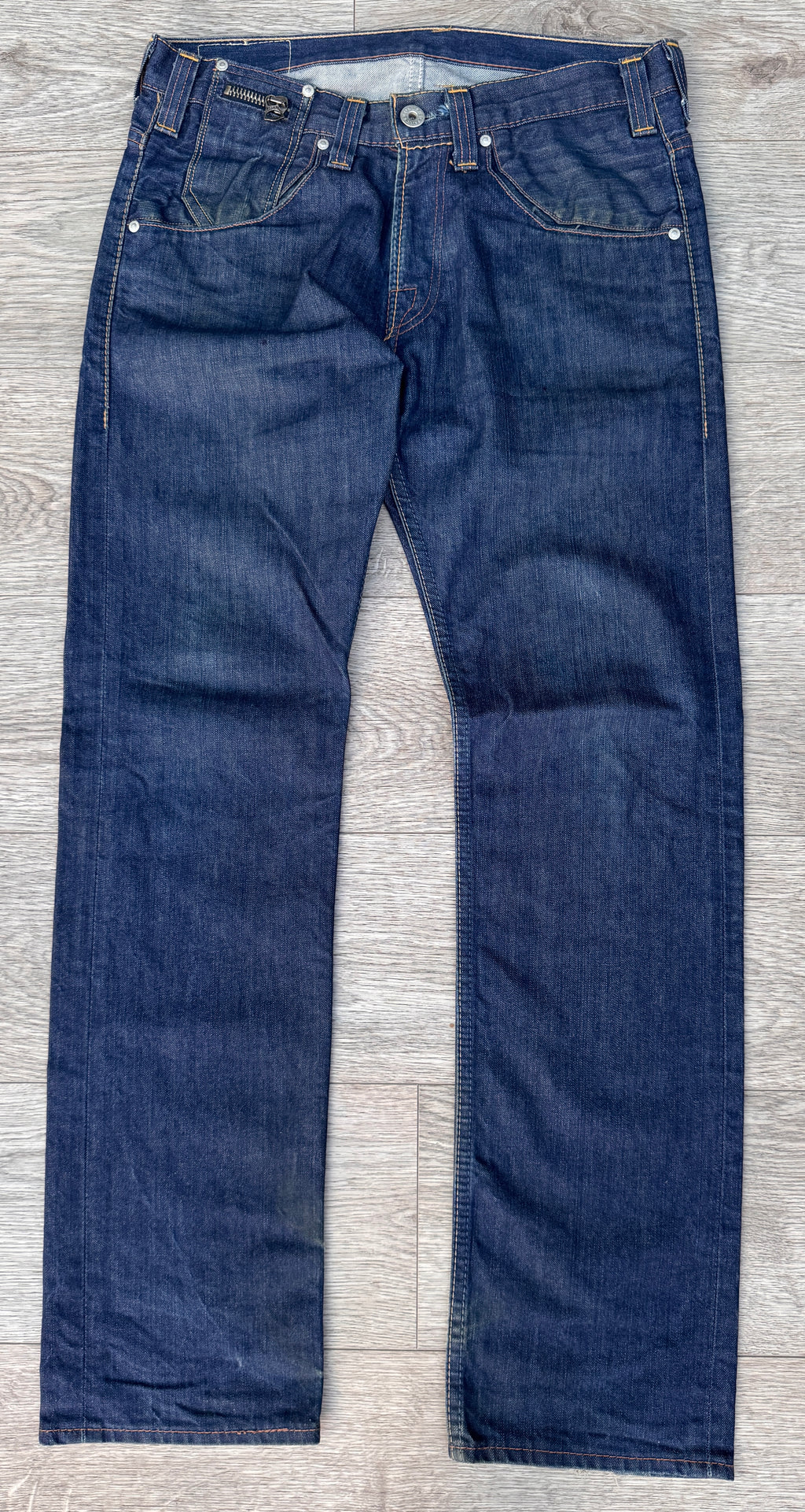 Levis Womens W34 L32 Blue Denim Jeans Straight Leg Zip Pocket Distressed