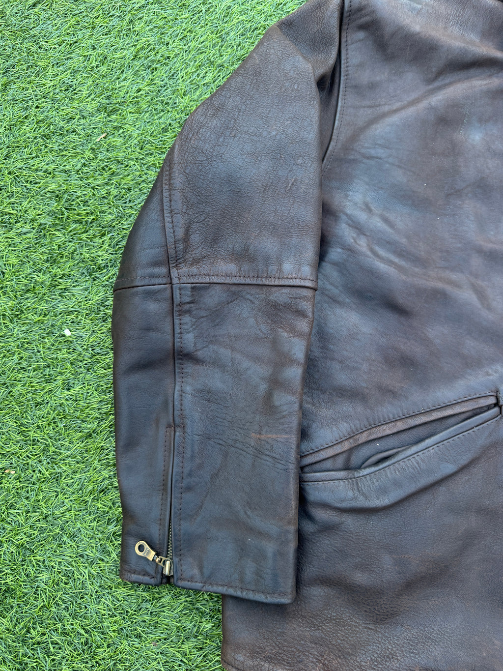 Vintage Mens Brown Genuine Lamb Leather Biker Jacket YKK Zip 80s 90s Size Large