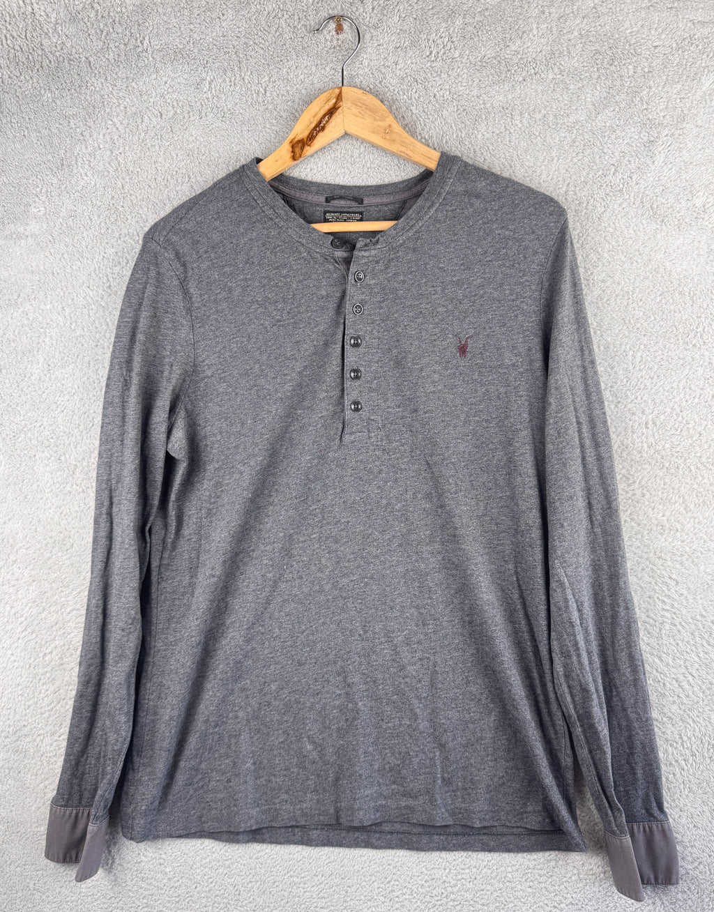AllSaints Spitalfields Mens Grey Henley Long Sleeve T Shirt Top Large