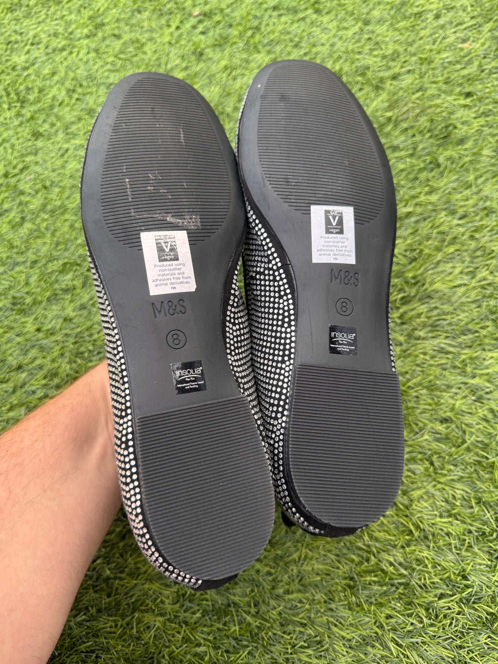 M&S Womens Black Silver Diamante Ballet Pumps Shoes Insolia Flex UK 8 Flats