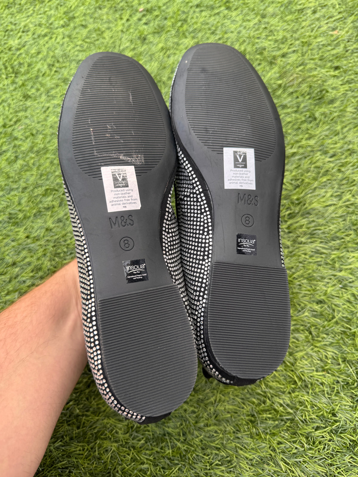 M&S Womens Black Silver Diamante Ballet Pumps Shoes Insolia Flex UK 8 Flats