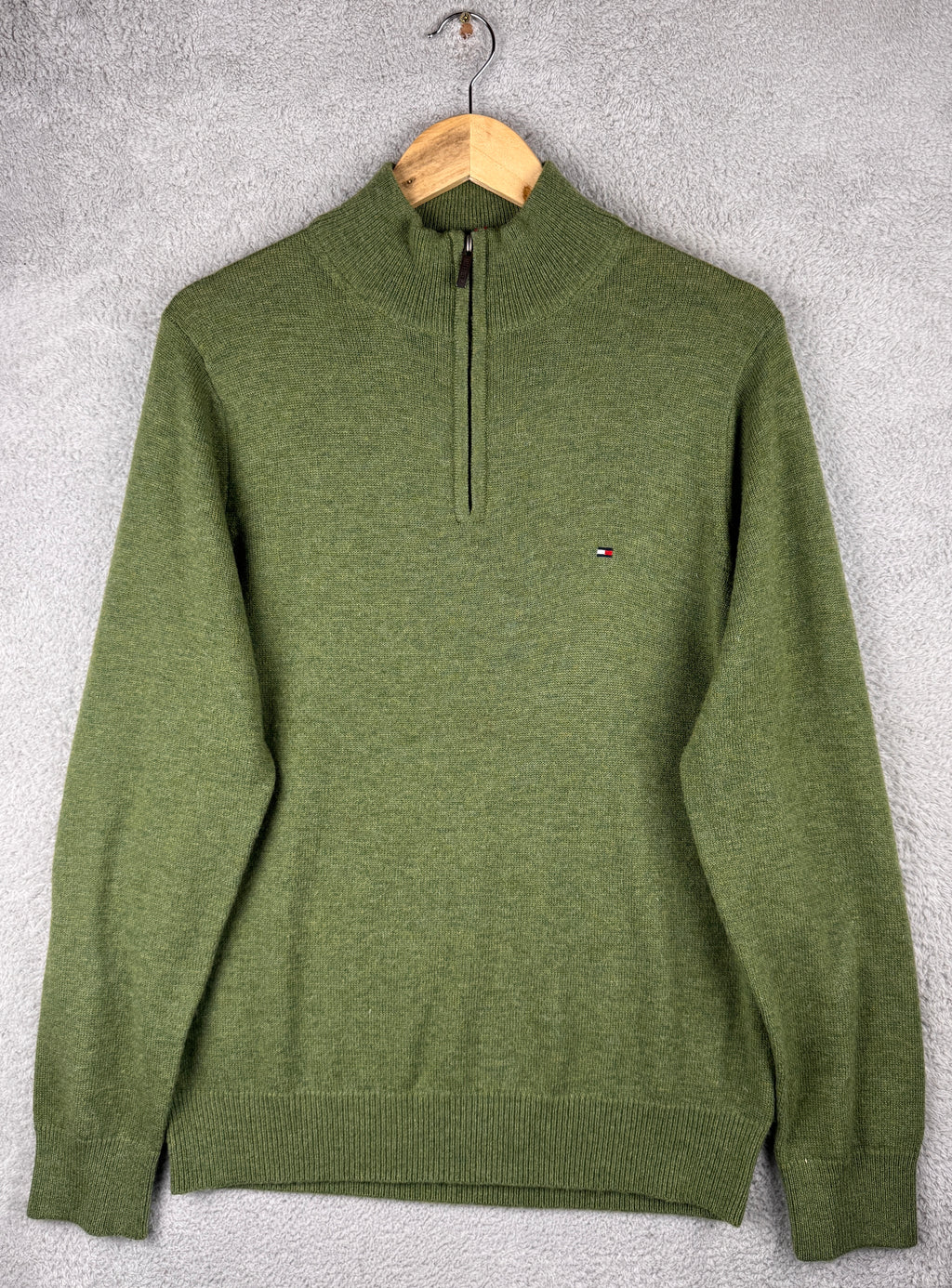 Tommy Hilfiger Mens Medium Jumper Green Premium Lambswool 1/4 Zip Knit
