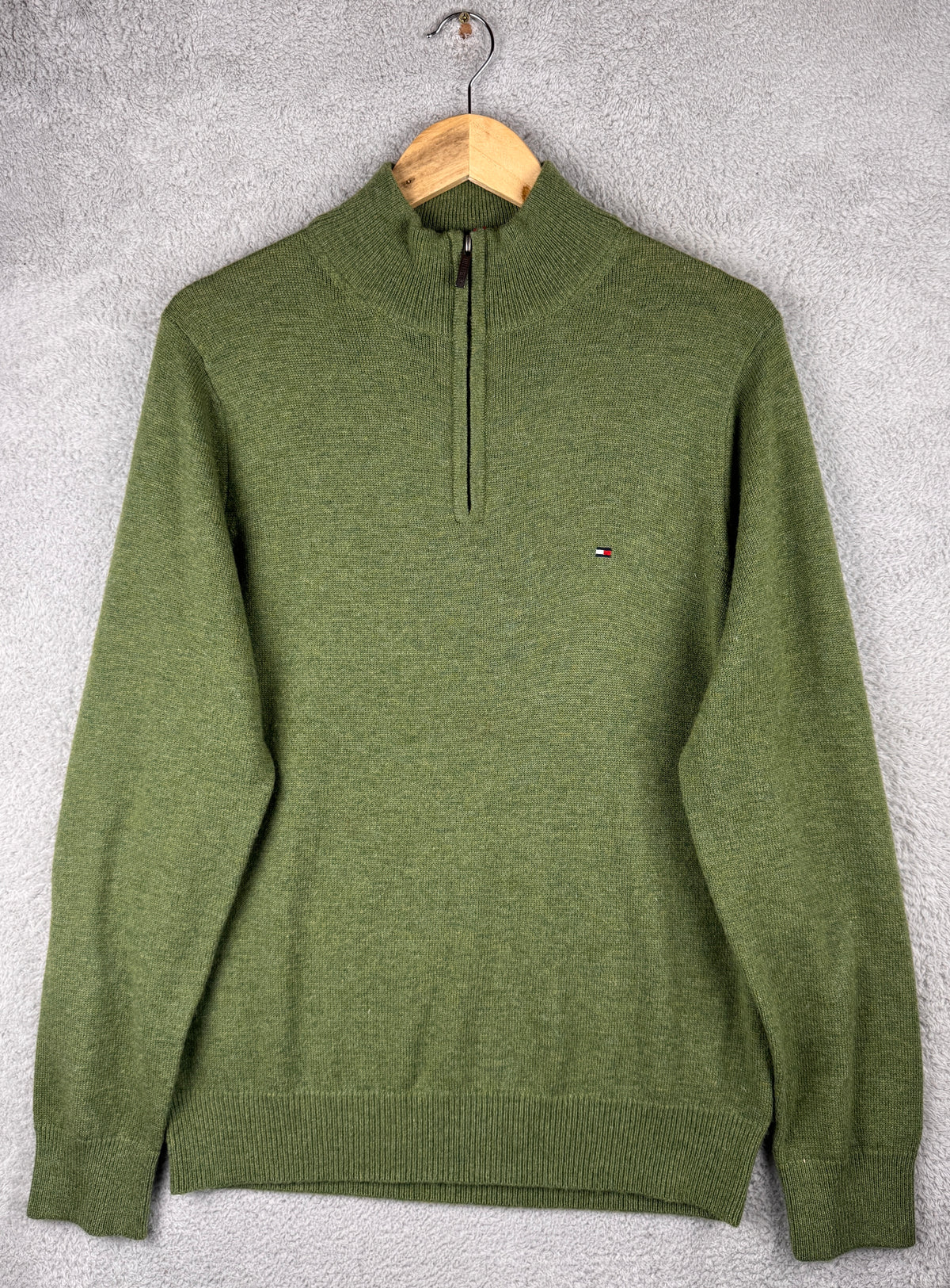 Tommy Hilfiger Mens Medium Jumper Green Premium Lambswool 1/4 Zip Knit
