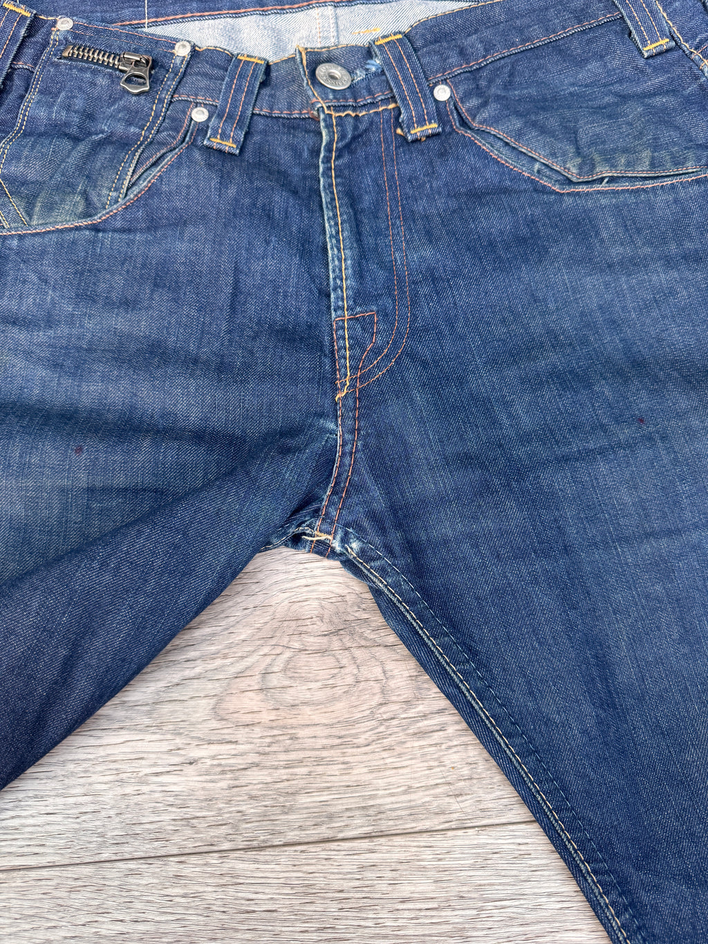 Levis Womens W34 L32 Blue Denim Jeans Straight Leg Zip Pocket Distressed