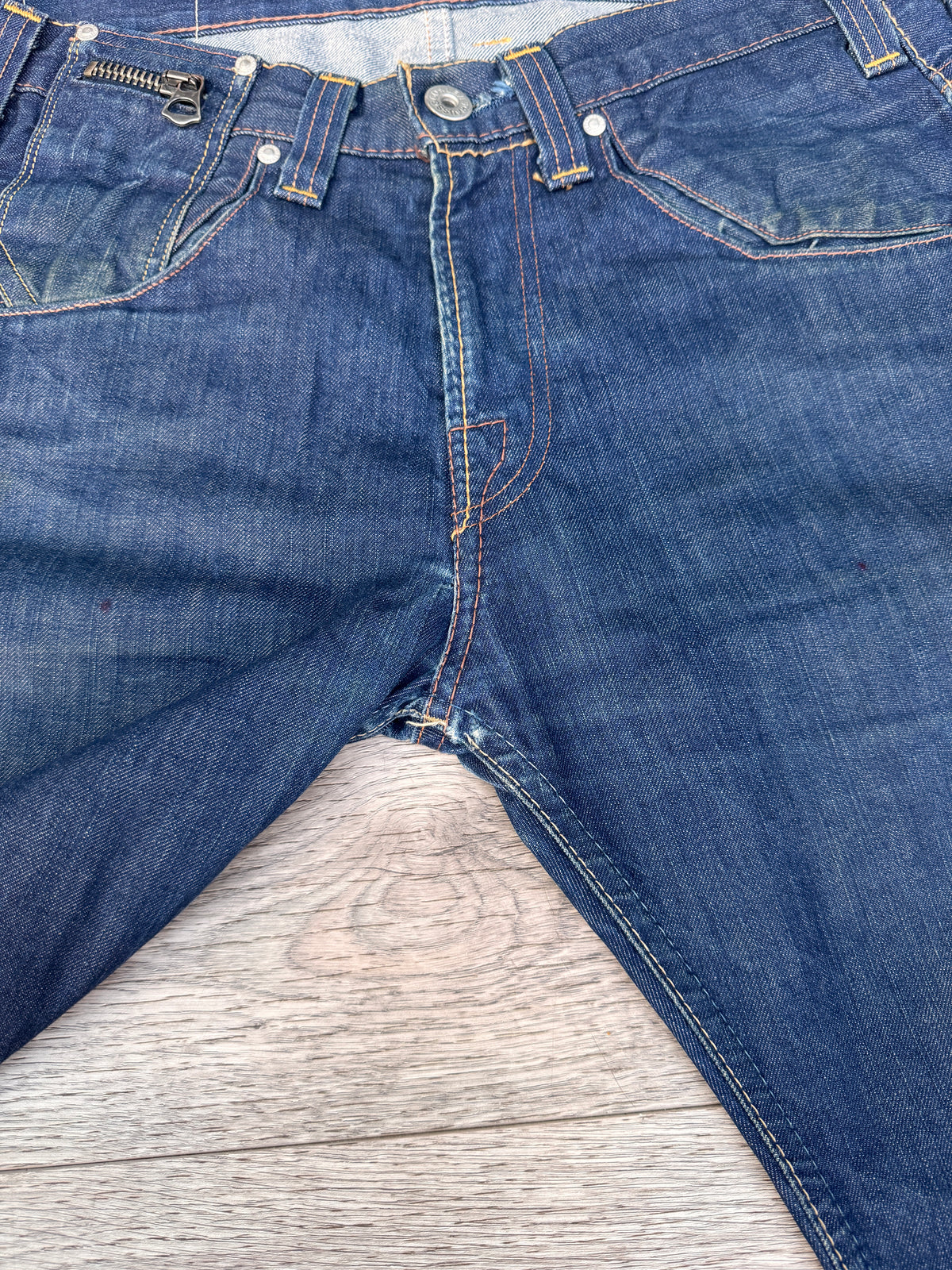 Levis Womens W34 L32 Blue Denim Jeans Straight Leg Zip Pocket Distressed