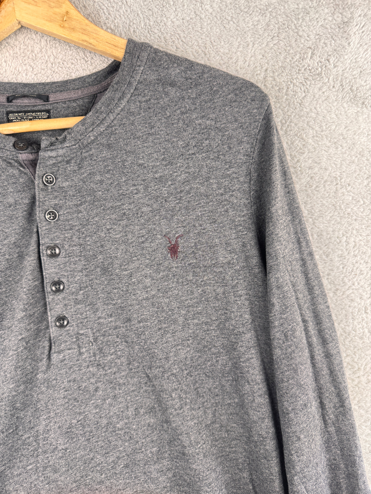 AllSaints Spitalfields Mens Grey Henley Long Sleeve T Shirt Top Large