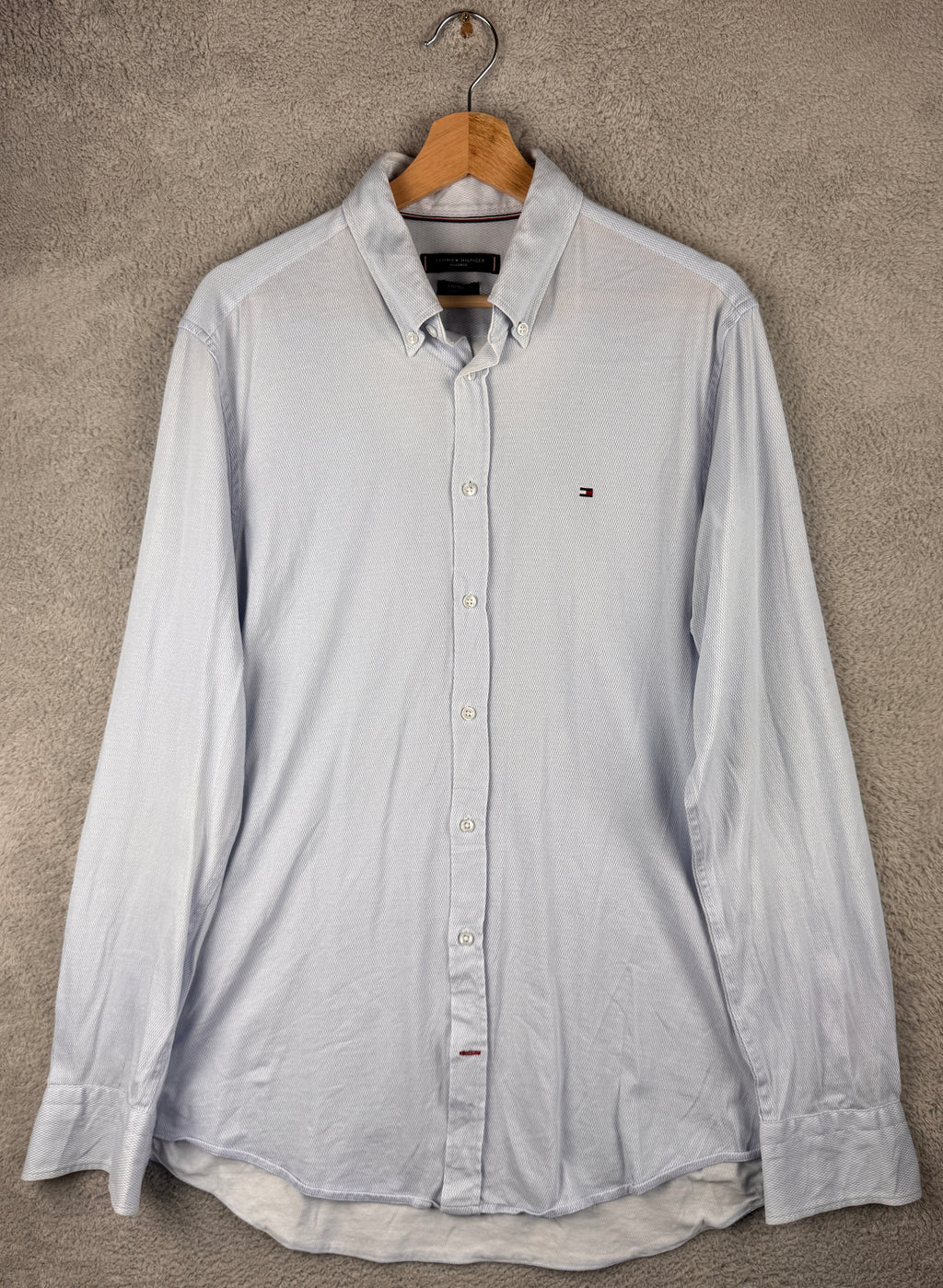 Tommy Hilfiger Tailored Mens Size 16.5 Shirt Blue Knitted Slim Fit Long Sleeve