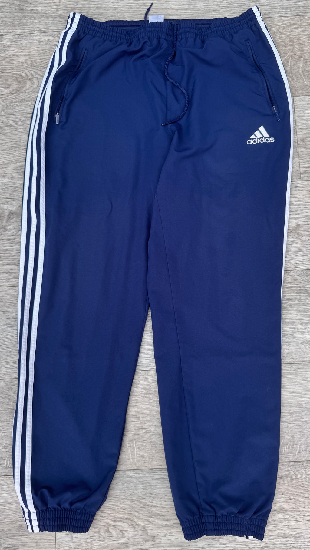 Adidas Navy Blue XL 90’s 3 Stripe Bottoms Joggers Track Pants Zip Pockets