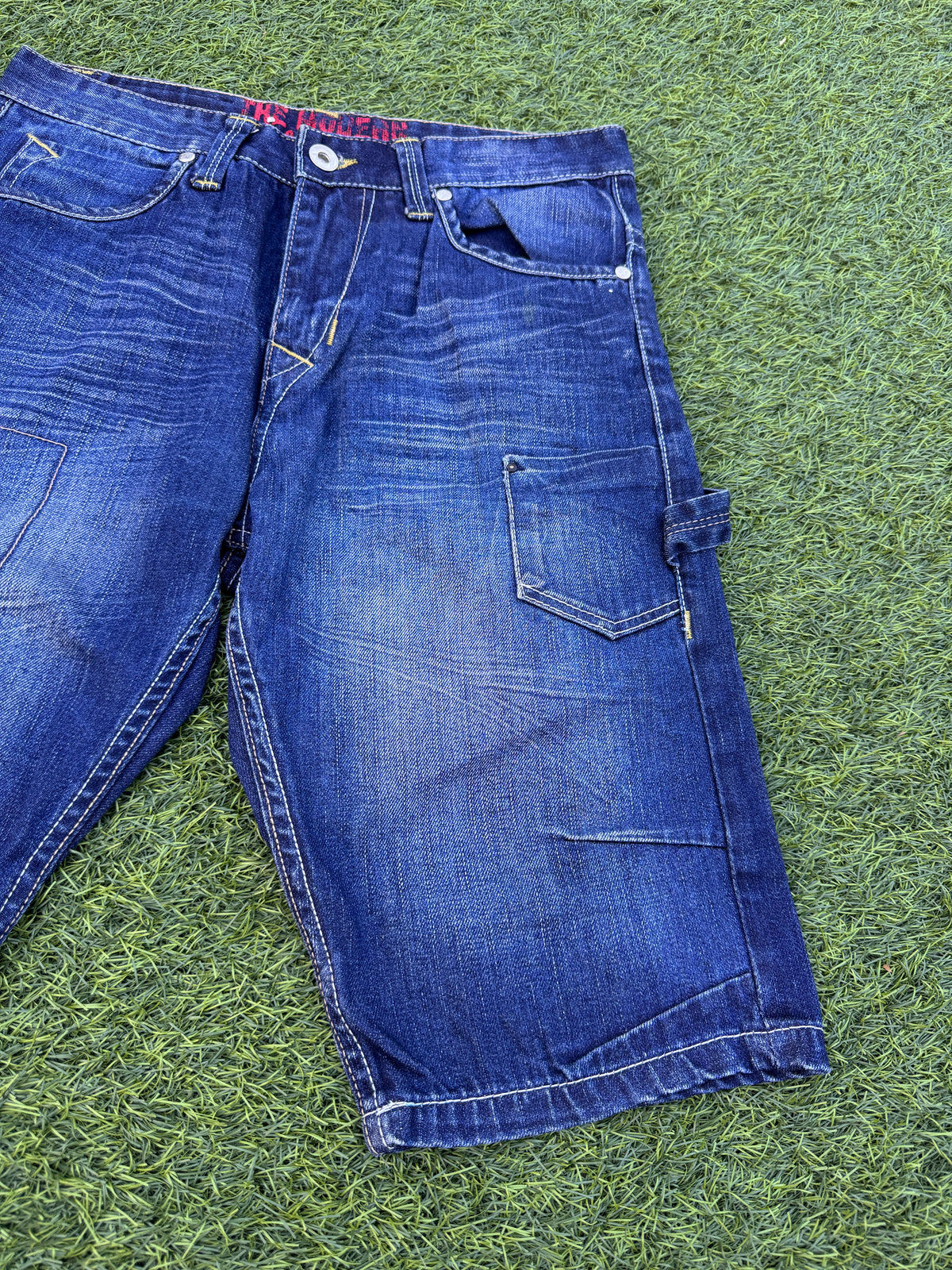 Mens Y2K Denim Cargo Shorts W 32 Blue Baggy Skater Carpenter Long 2000s