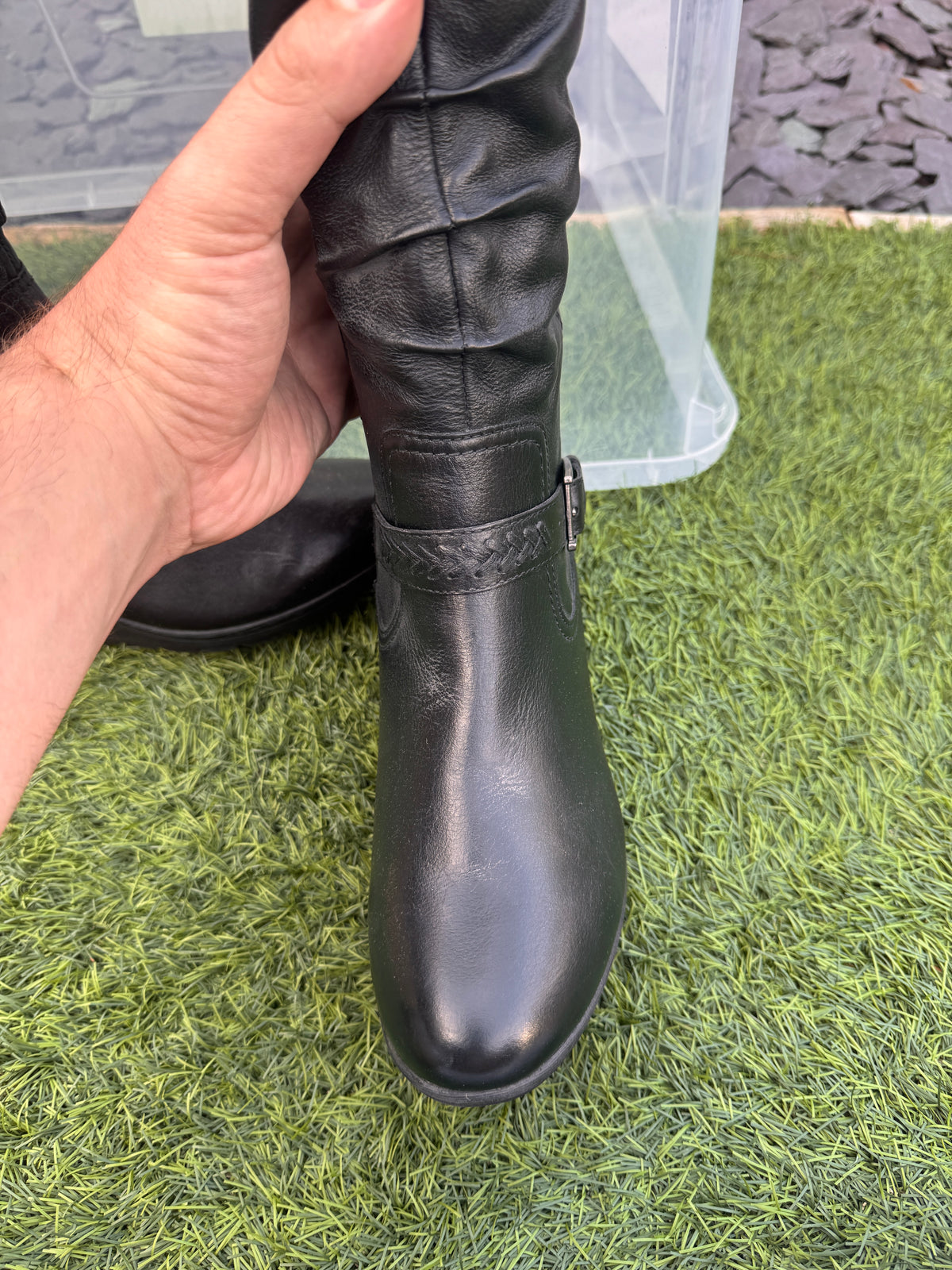 M&S Footglove Womens Black Leather Knee High Boots UK 6 Wedge Buckle