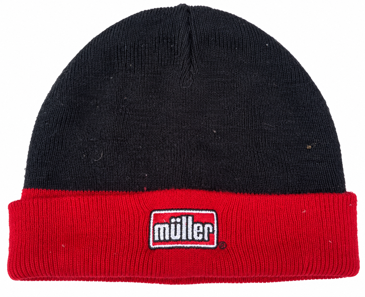 Müller Beanie Hat Black Red Embroidered Logo Cuffed Knit Winter Workwear