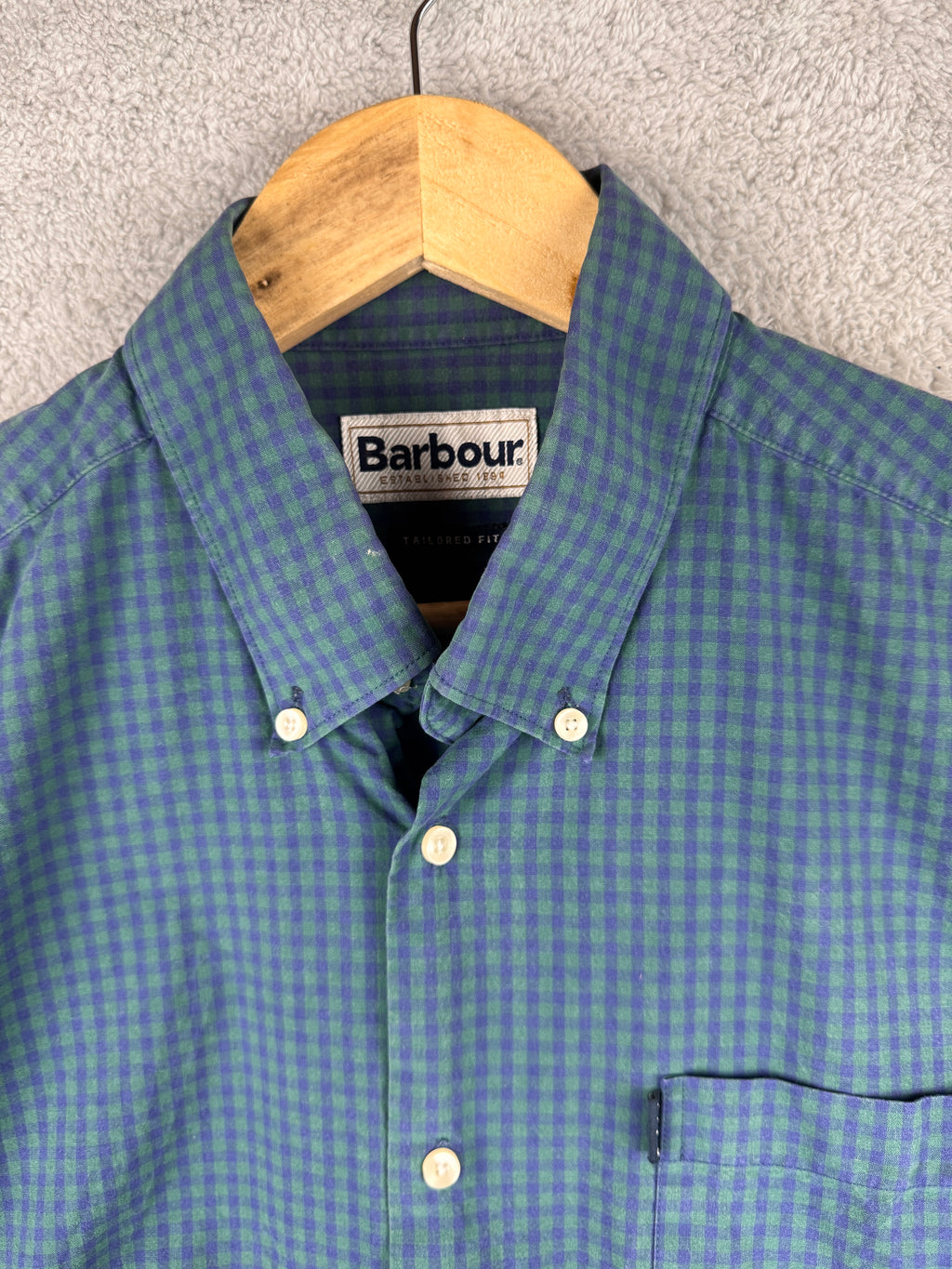 Barbour Mens Shirt Large Blue Green Gingham Check Tailored Fit