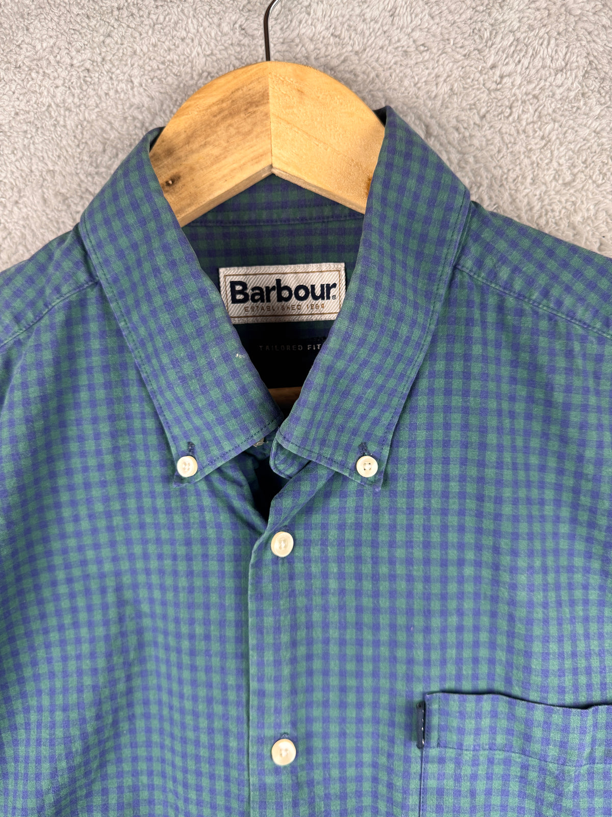 Barbour Mens Shirt Large Blue Green Gingham Check Tailored Fit