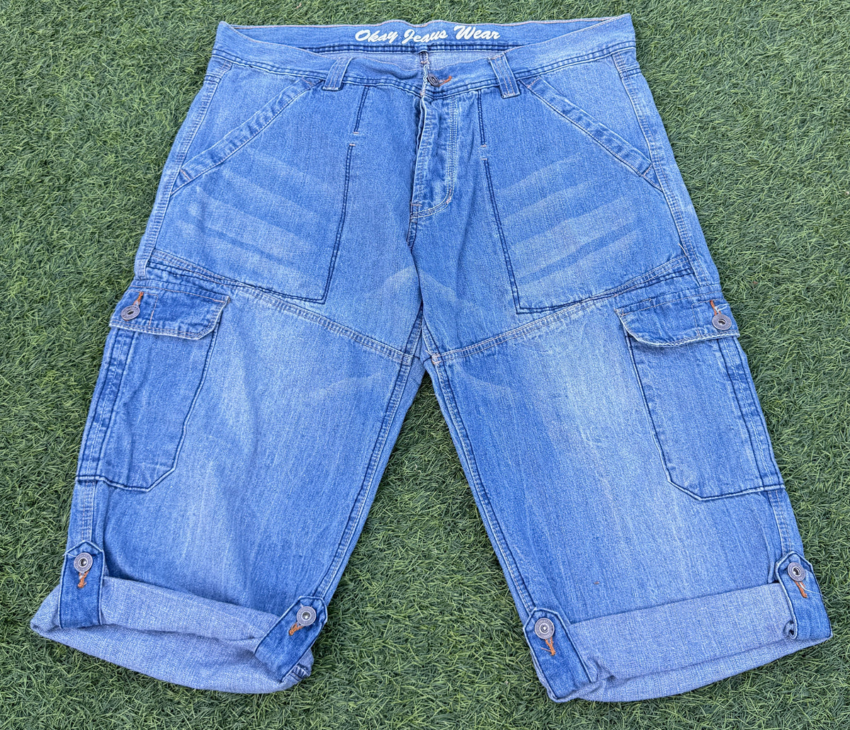 Okay Jeans Wear Mens Denim Cargo Shorts W40 Blue Long Baggy Utility