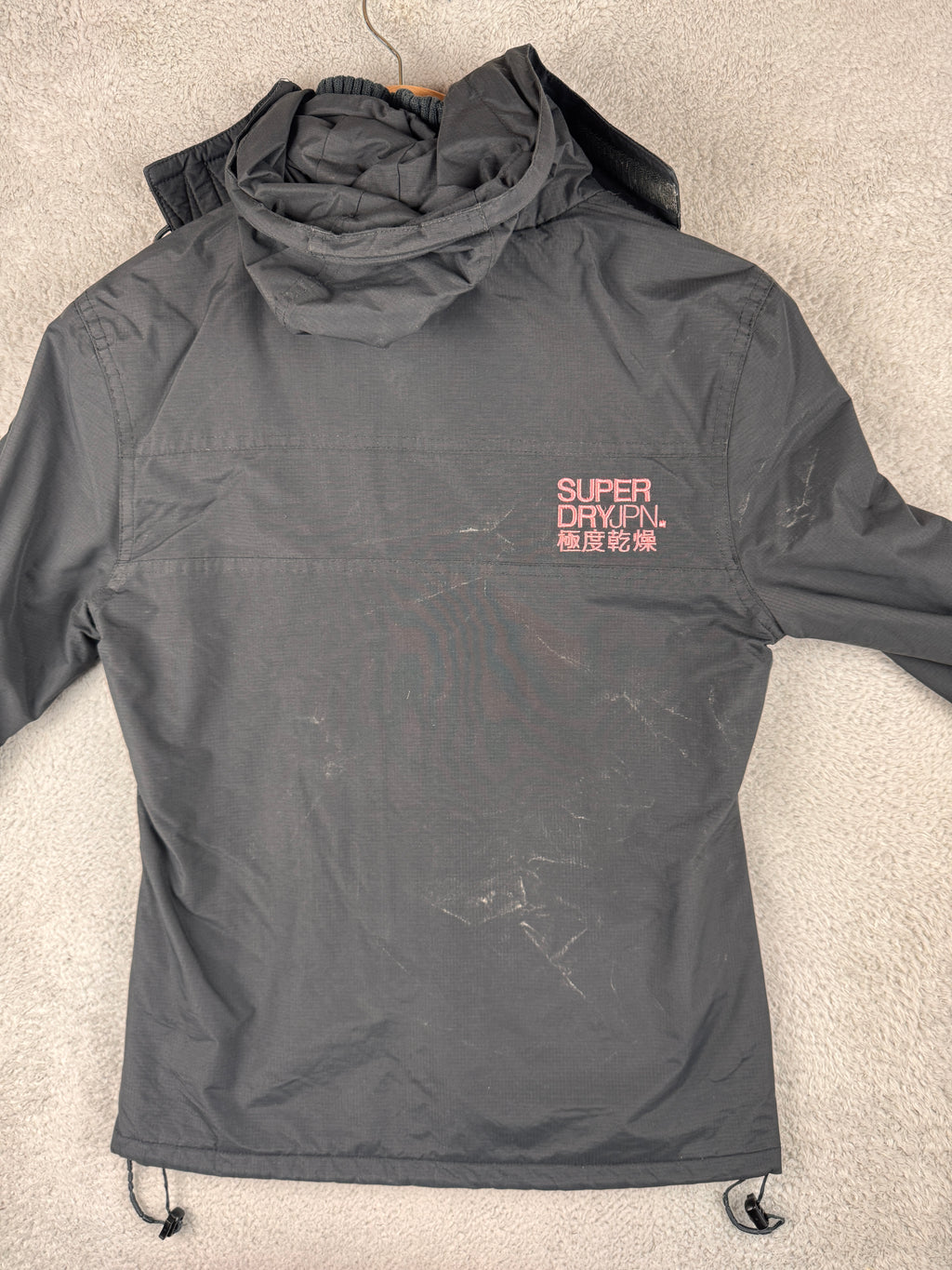 Superdry Womens Small Windcheater Jacket Black Pink Fleece Lined Hooded Coat
