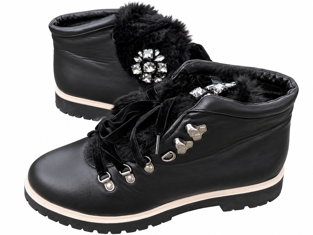 Miss Sixty Womens Black Fur Crystal Embellished Ankle Hiker Boots UK 8