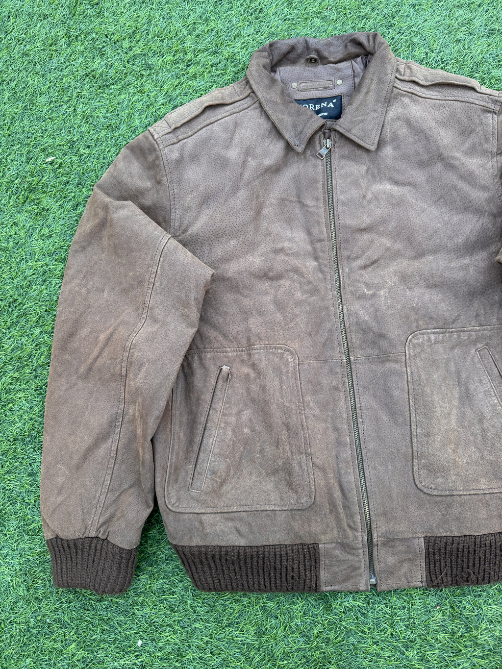Morena Mens Brown Leather Bomber Jacket 42R XL Distressed Aviator Biker
