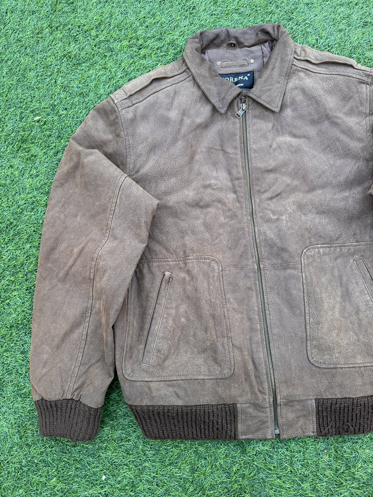 Morena Mens Brown Leather Bomber Jacket 42R XL Distressed Aviator Biker