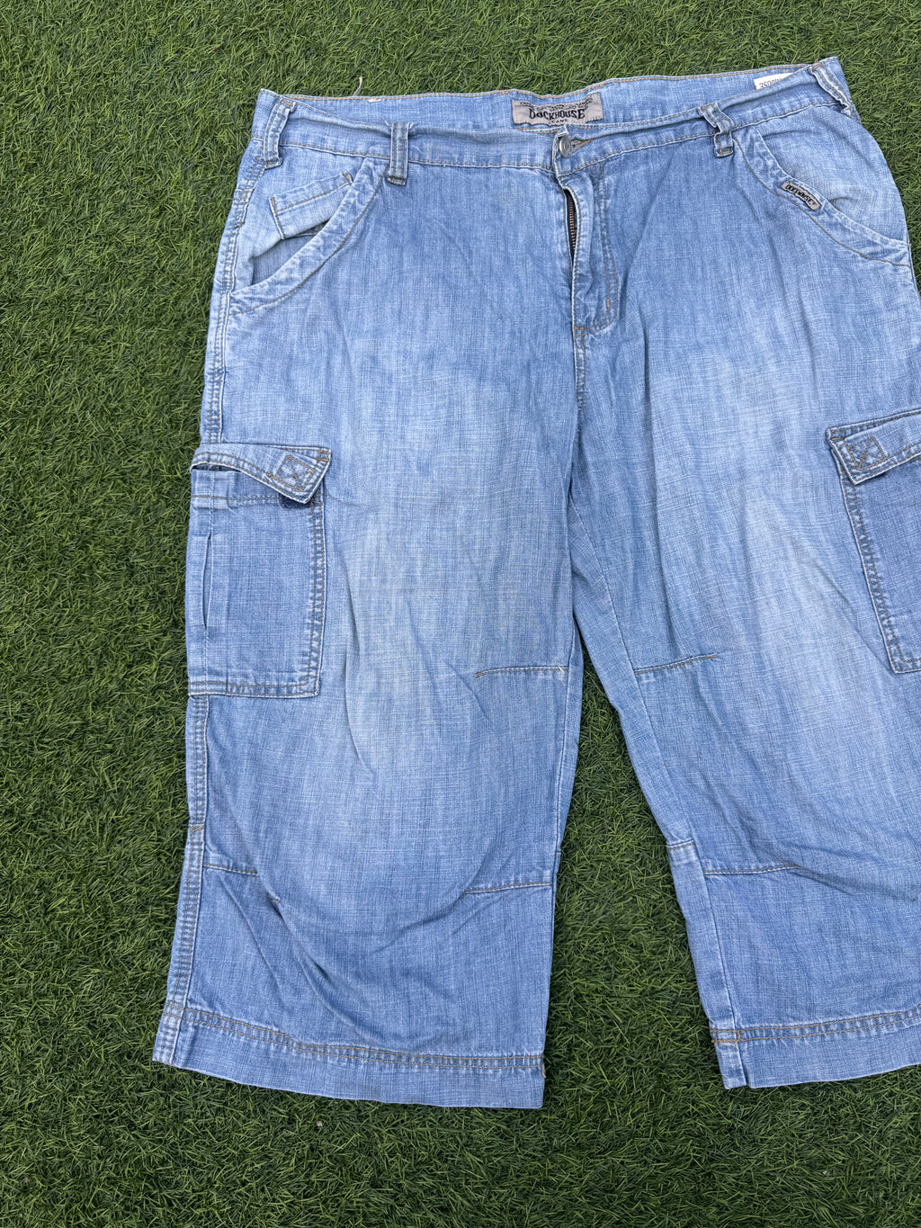 Dockhouse Mens W38 Baggy Denim Jorts Y2K Skater Cargo Long Shorts Light Blue