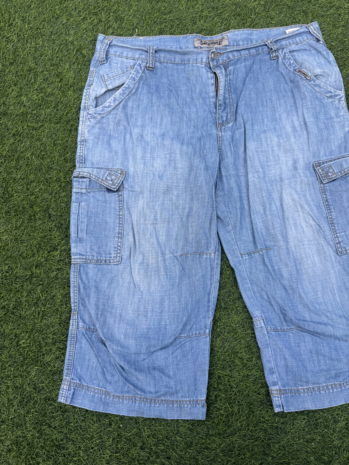 Dockhouse Mens W38 Baggy Denim Jorts Y2K Skater Cargo Long Shorts Light Blue