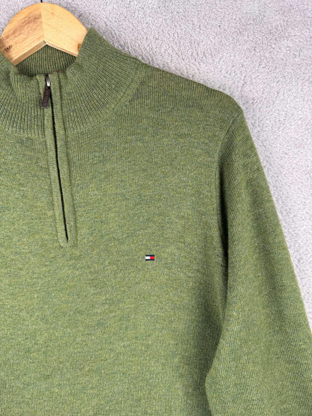 Tommy Hilfiger Mens Medium Jumper Green Premium Lambswool 1/4 Zip Knit