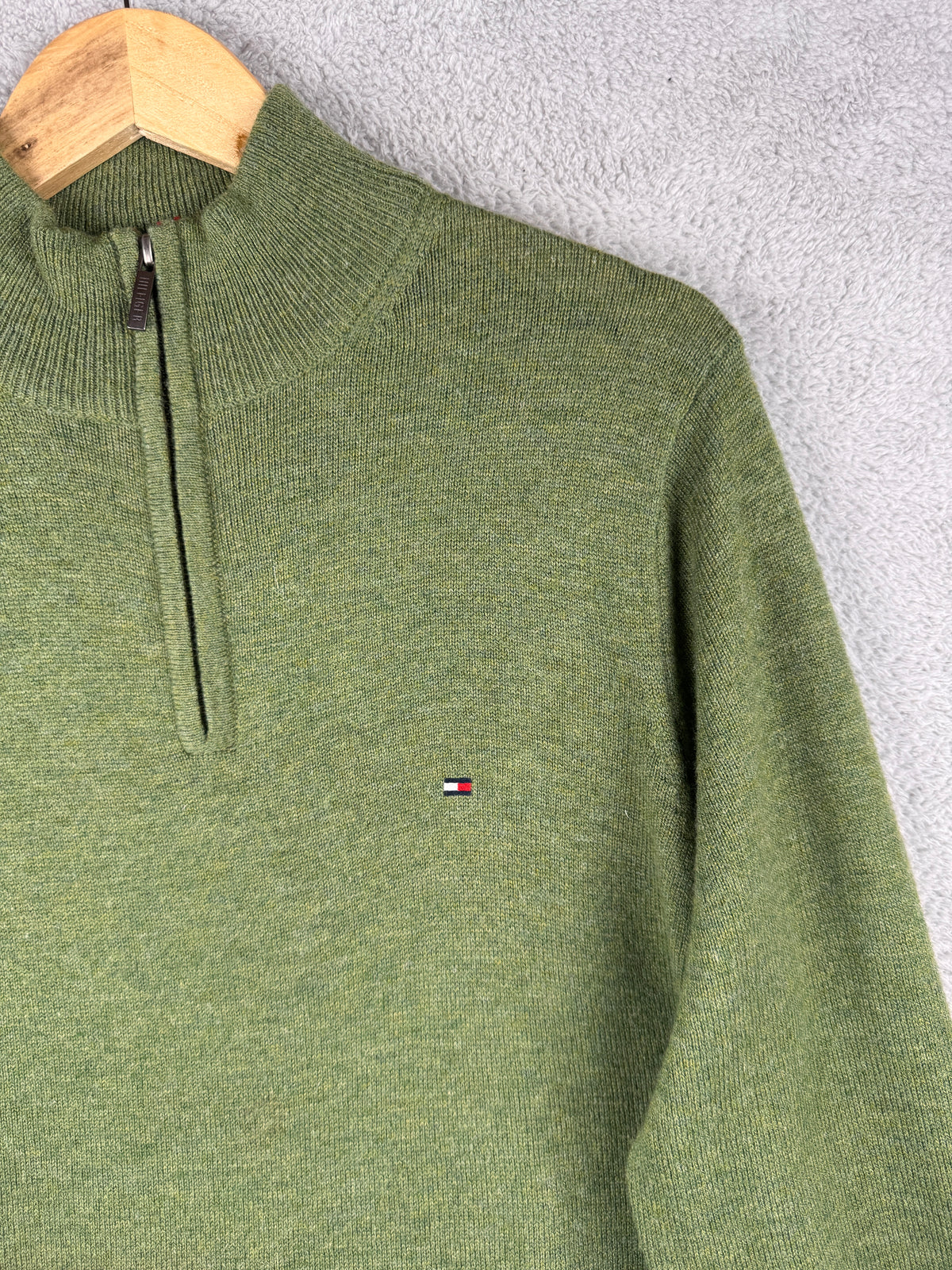 Tommy Hilfiger Mens Medium Jumper Green Premium Lambswool 1/4 Zip Knit