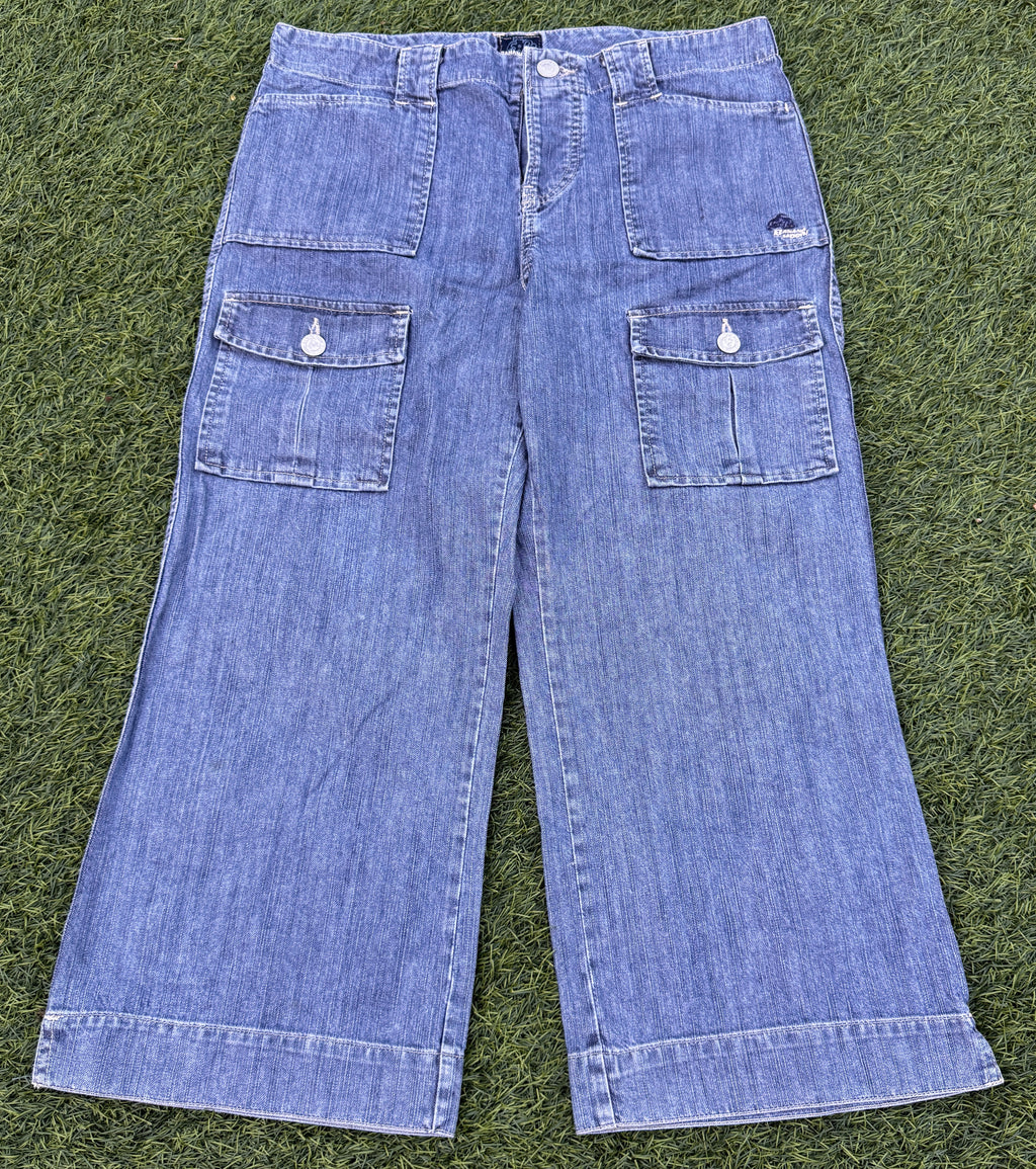 Banana Moon Womens Jeans Size 40 Blue Denim Cargo Wide Leg Y2K Cropped