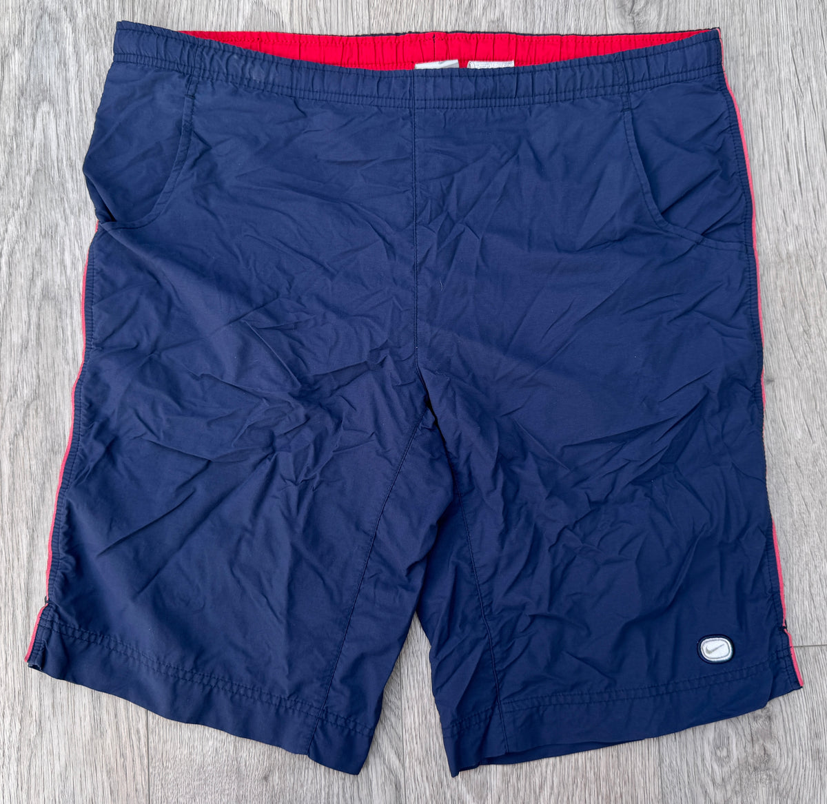 Vintage Nike Swim Shorts Mens XL Navy Red Spellout Logo 90s Y2K