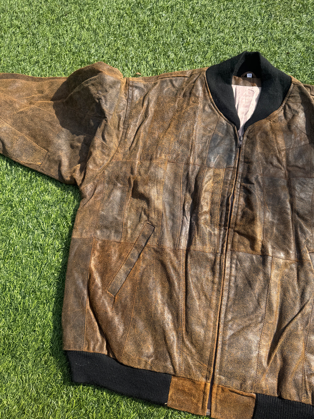 Mens XL Brown Patchwork Leather Bomber Jacket Distressed Vintage Retro