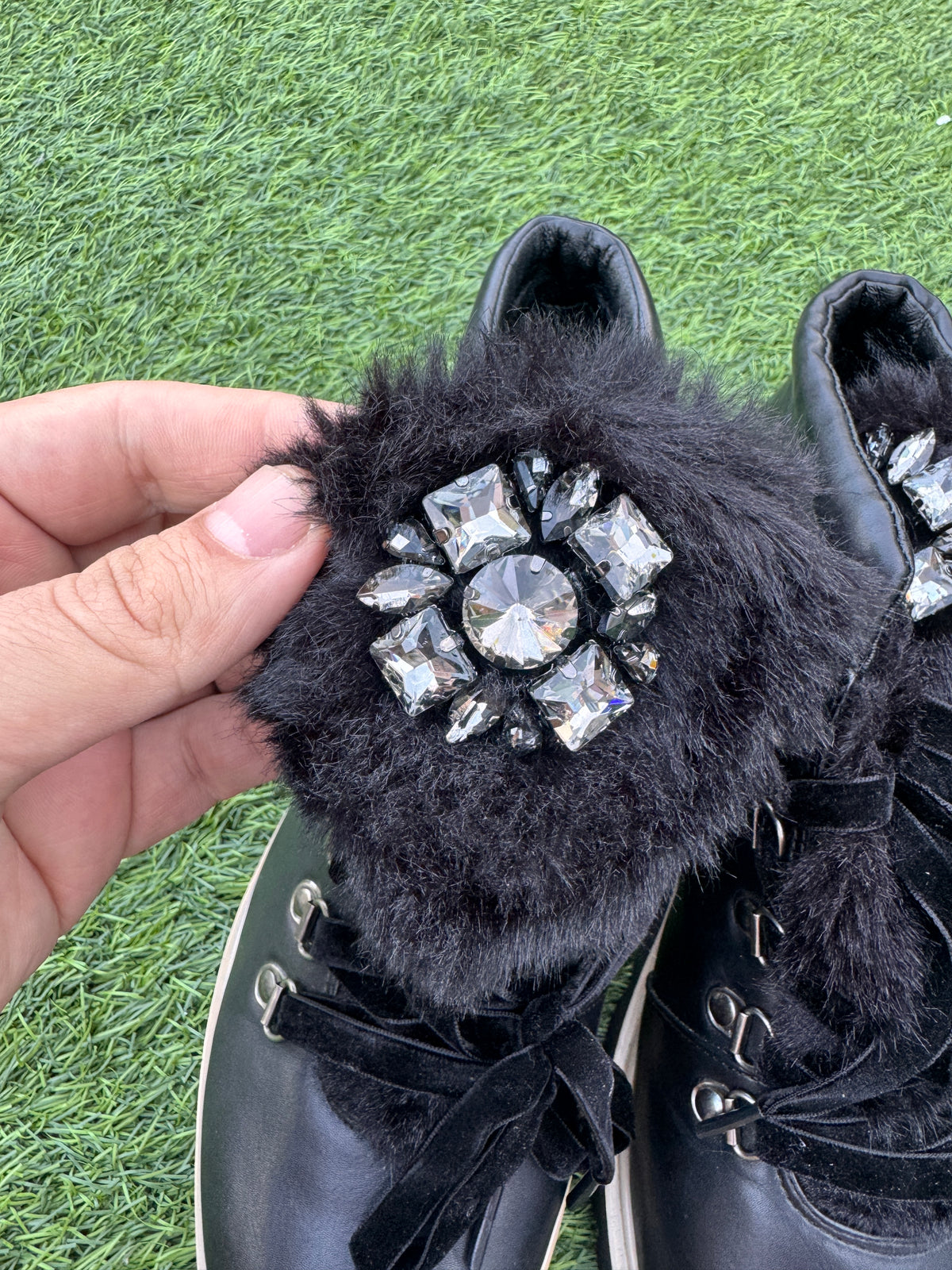 Miss Sixty Womens Black Fur Crystal Embellished Ankle Hiker Boots UK 8