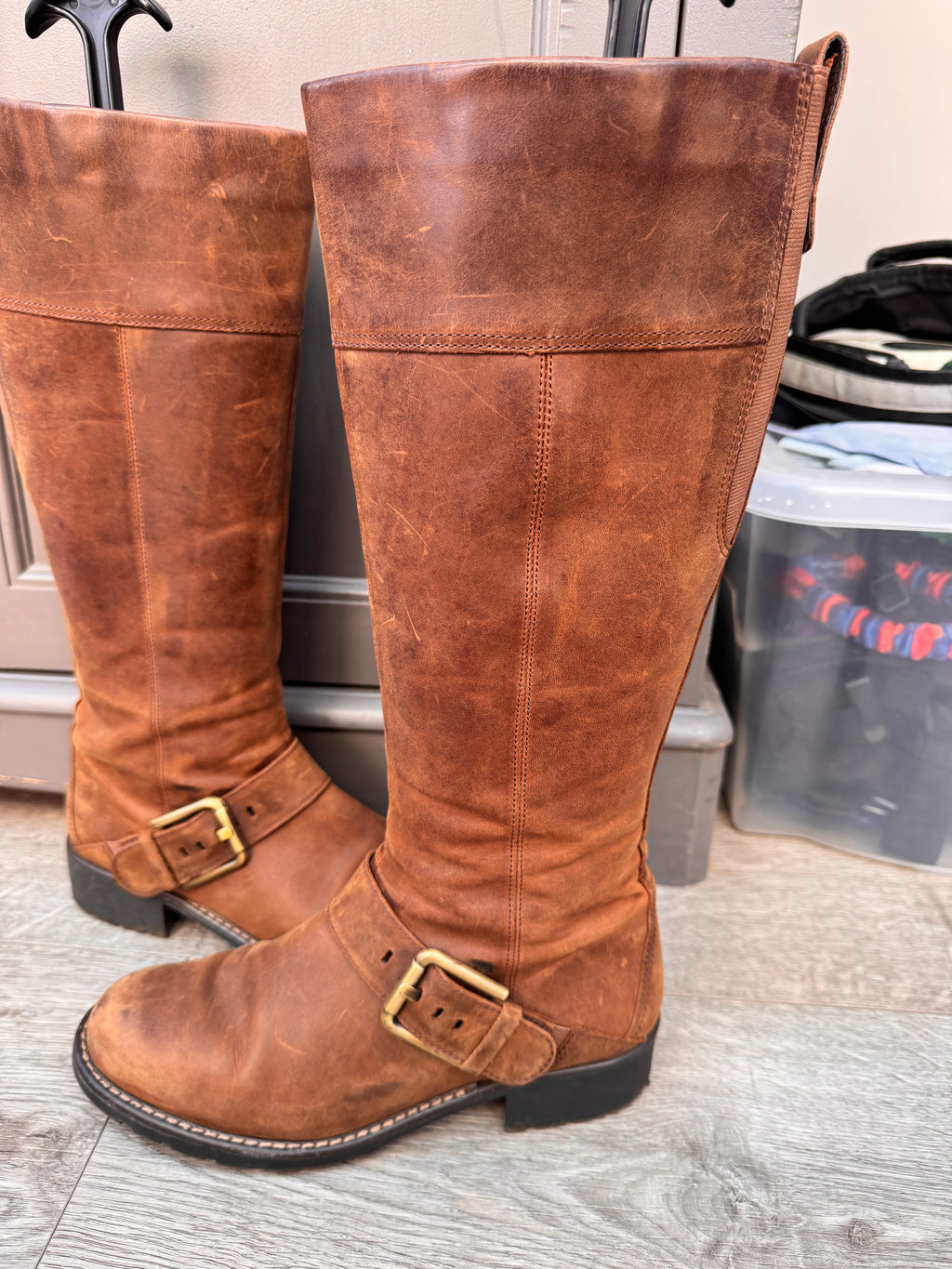 Clarks Womens Brown Leather Knee High Biker Boots Buckle Zip UK 5.5