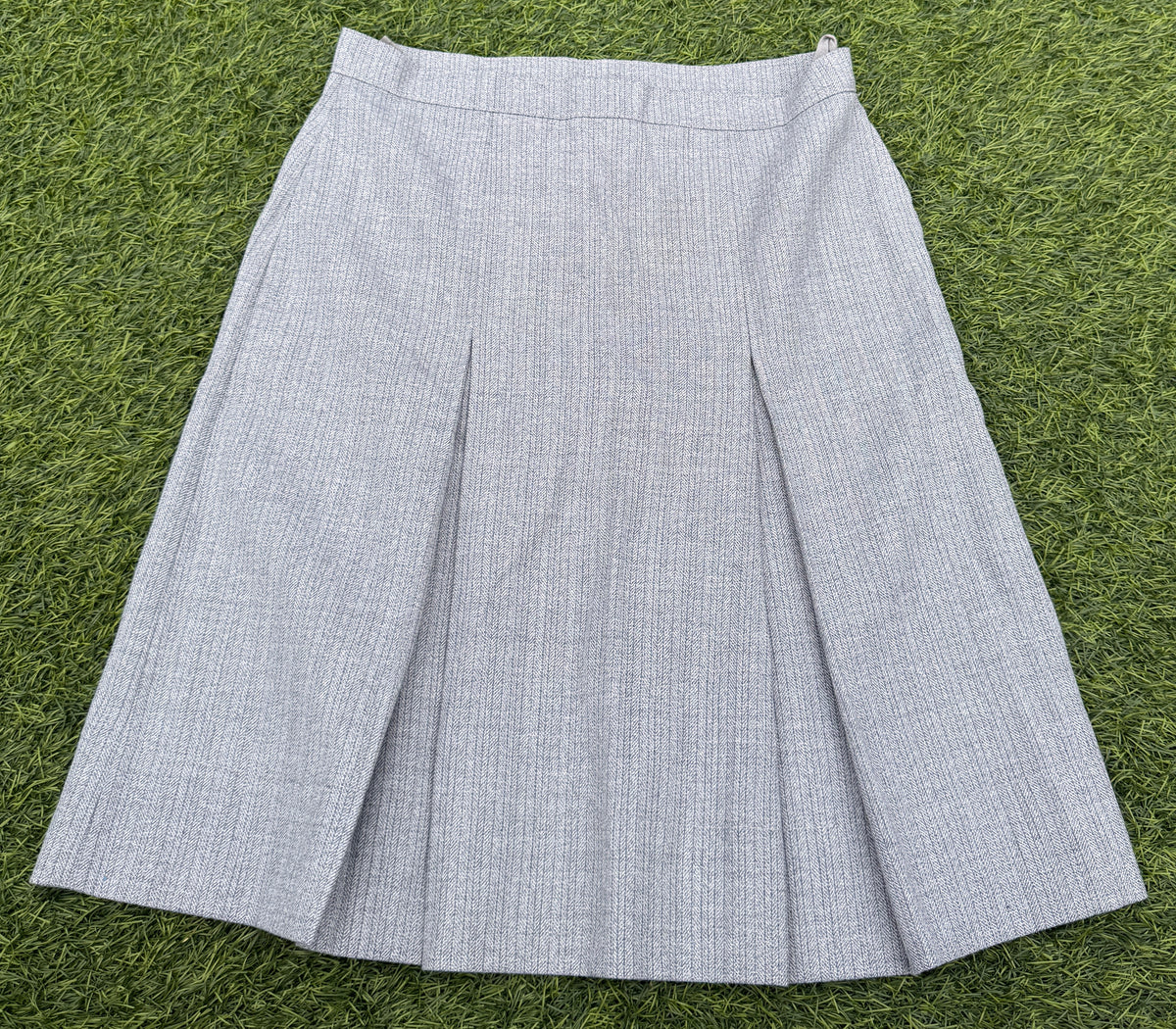 Womens Grey Herringbone Pleated A Line Midi Skirt Smart Office Work W26 Waist