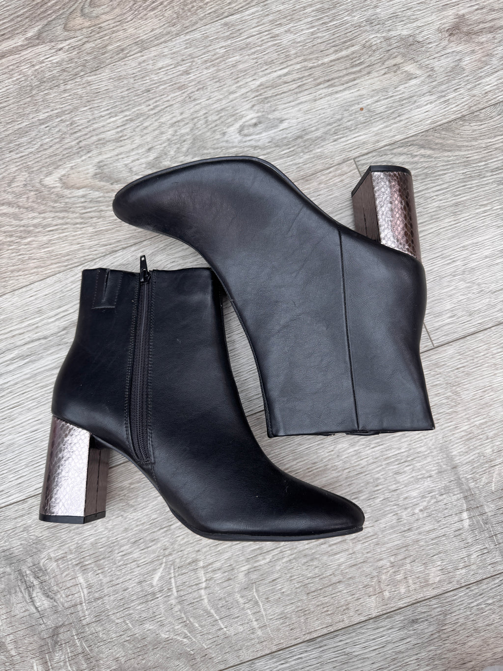M&S Womens Ankle Boots UK 6.5 Black Metallic Block Heel Zip Insolia