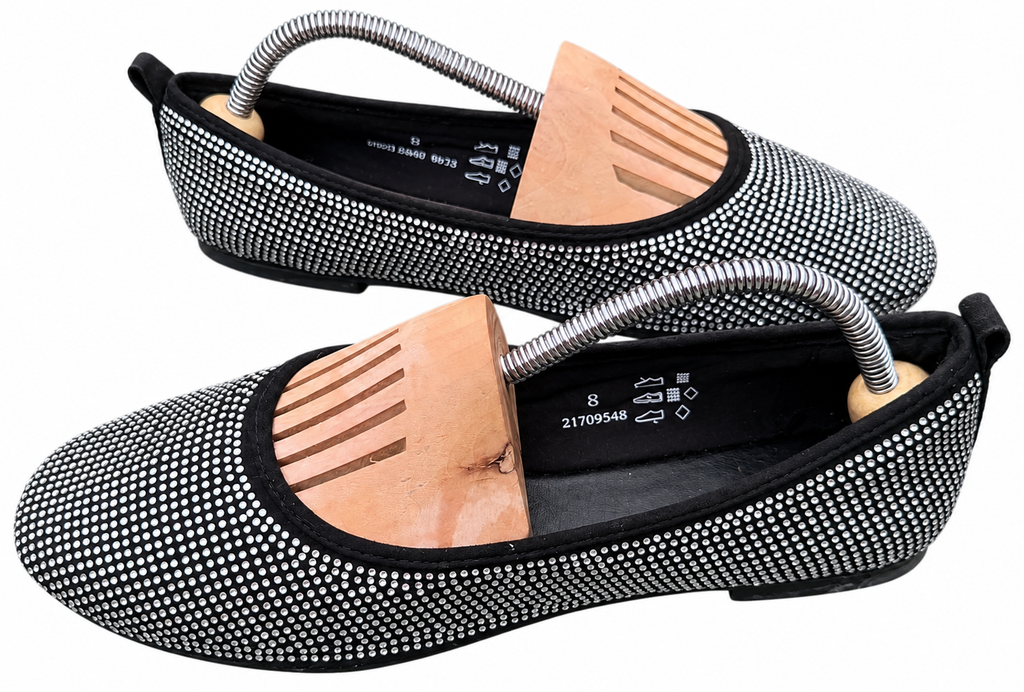M&S Womens Black Silver Diamante Ballet Pumps Shoes Insolia Flex UK 8 Flats