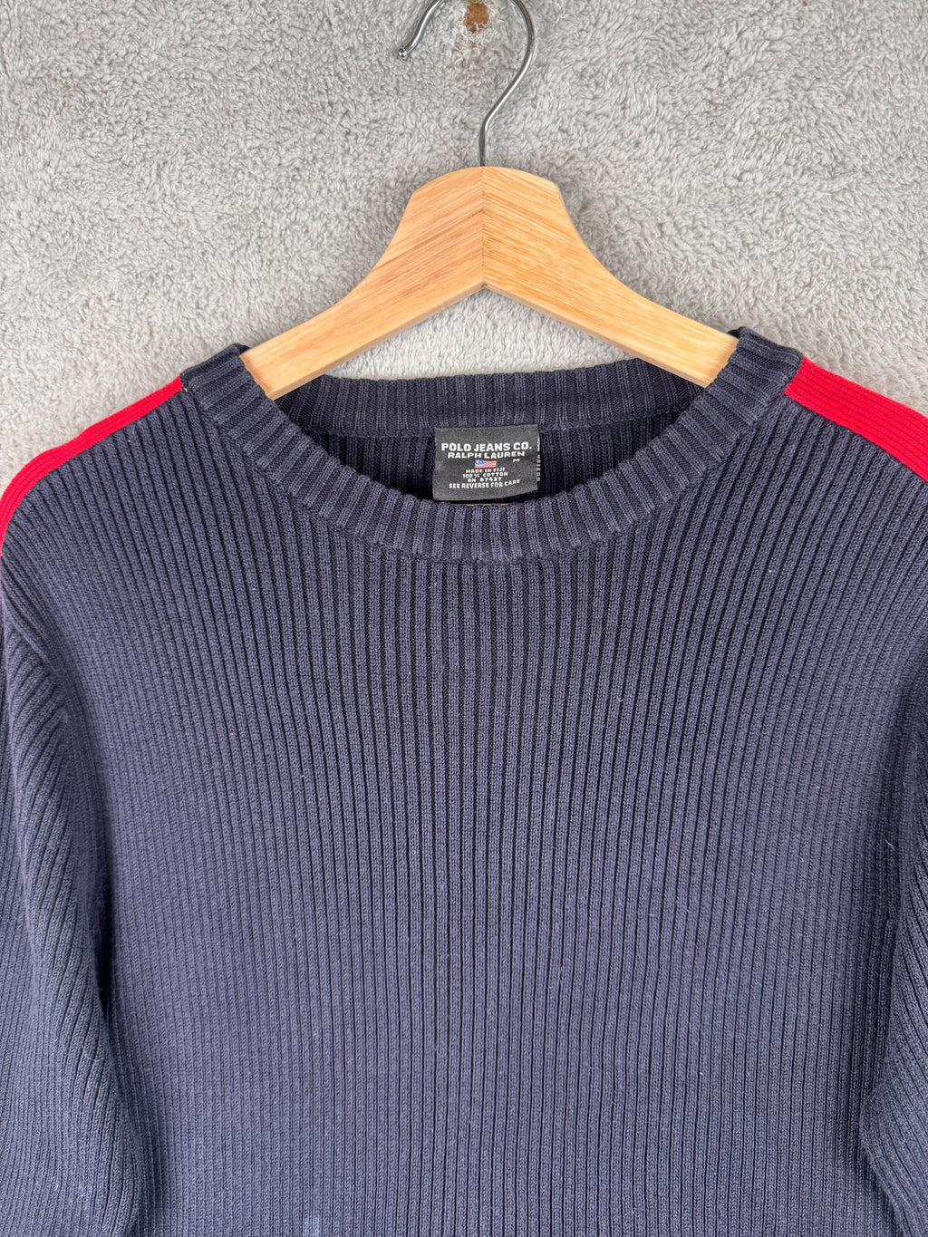 Polo Jeans Co Ralph Lauren Mens Medium Navy Ribbed Cotton Jumper USA Flag Y2K