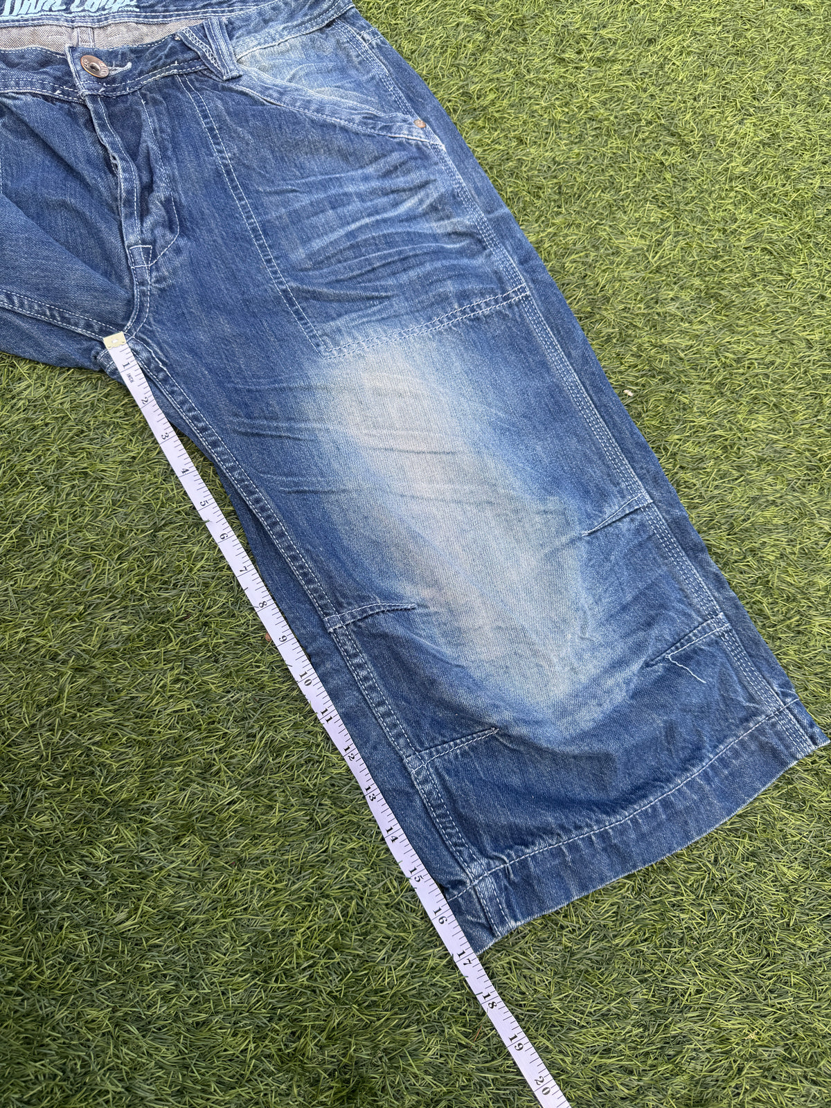 Mens W34 Baggy Denim Jorts Y2K Skater Patchwork Long Shorts Blue